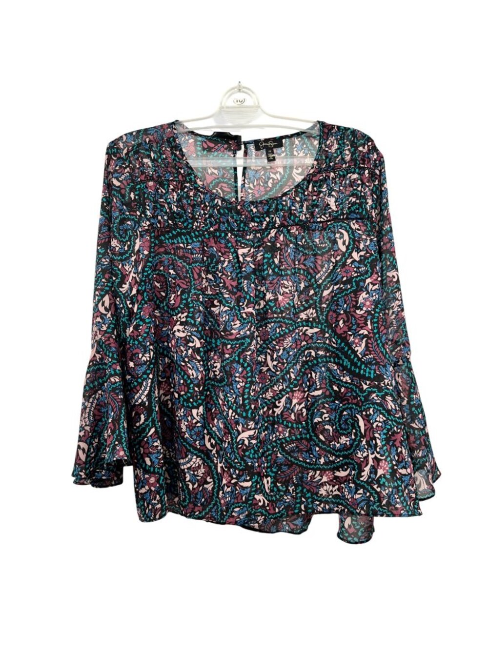 Jessica Simpson Sheer Pullover Top Black/Multi Print Bell Sleeve Size 1X